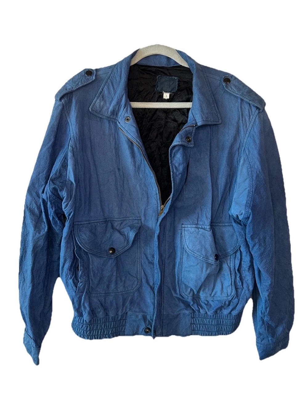 Vintage Blue Suede Leather Bomber Jacket 80s Oversized Utility Large Mexico Made